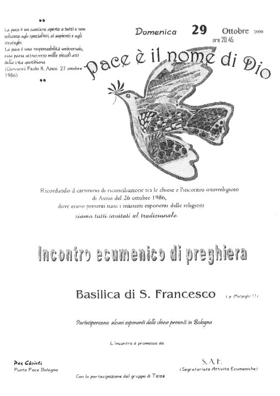 Volantino per la veglia ecumenica in occasione del 14° anniversario dell'incontro dei capi religiosi ad Assisi