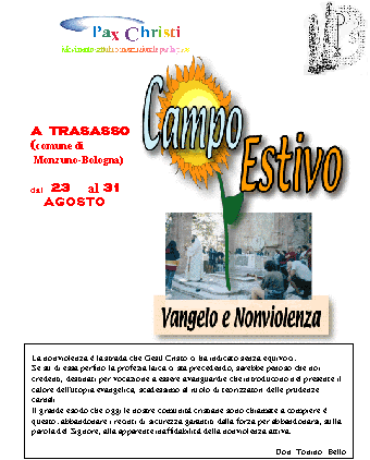 Volantino del 4° Campo Nazionale 'Vangelo e Nonviolenza' Trasasso 23-31/08/2002