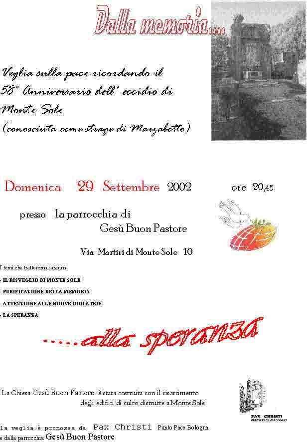 29 Settembre 2002: Volantino della 2ª veglia di preghiera in memoria dei martiri di Monte Sole