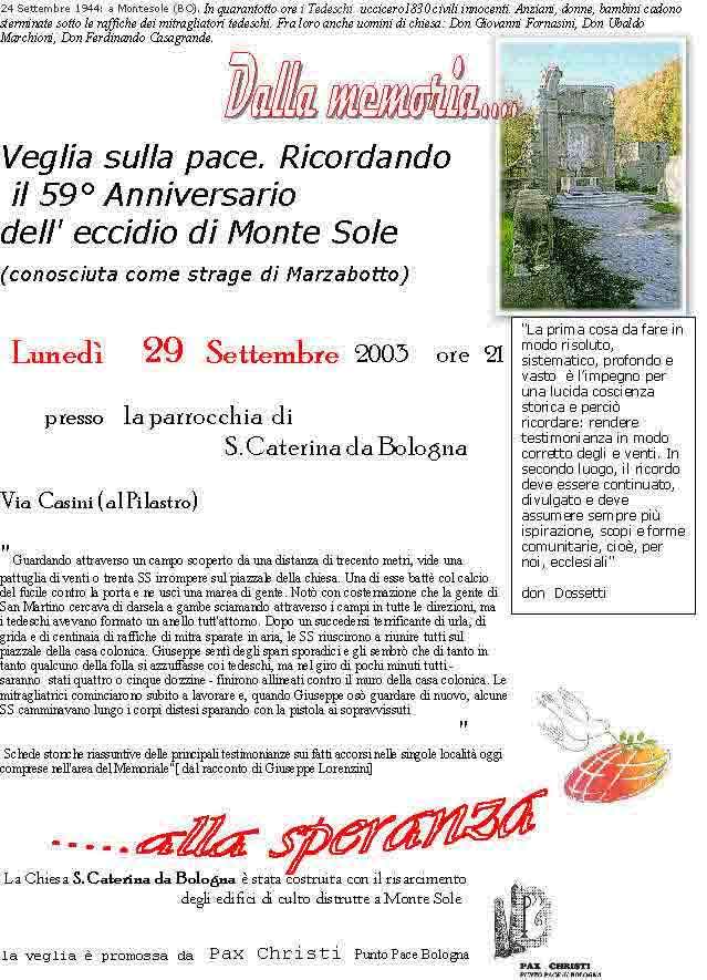 29 Settembre 2003: Volantino della 3ª veglia di preghiera in memoria dei martiri di Monte Sole
